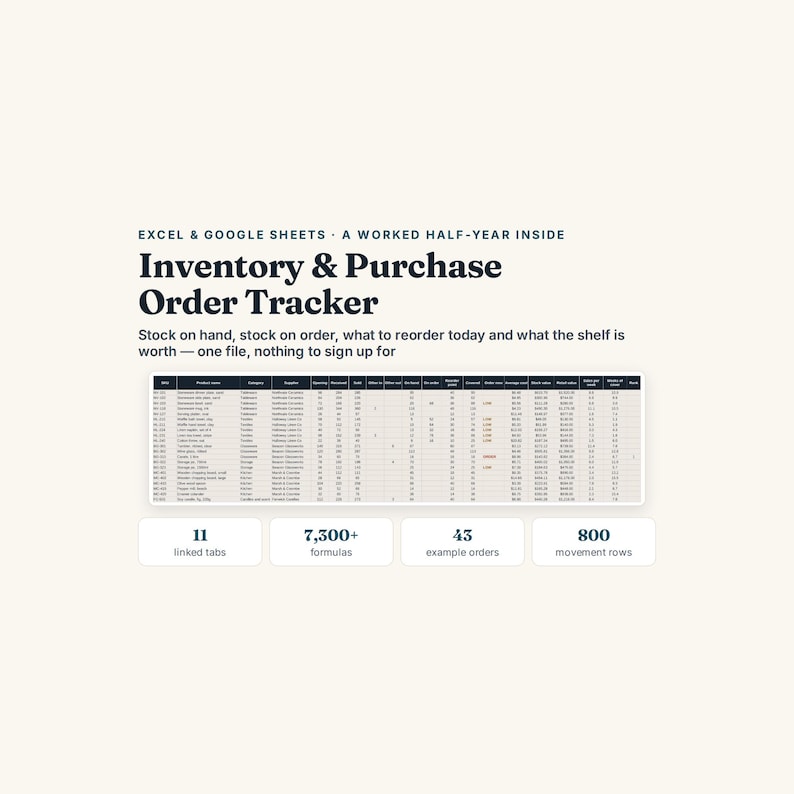 Inventory and Purchase Order Tracker, Excel Google Sheets, Stock Reorder Point and Supplier Lead Time, Stock Valuation (Digital Download) immagine 1