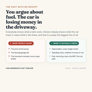 May include: A digital infographic titled The Cost With No Receipt. It features text about car ownership costs, comparing what people count versus what it actually costs, with lists for each. The bottom text reads Car Ownership Cost Tracker.