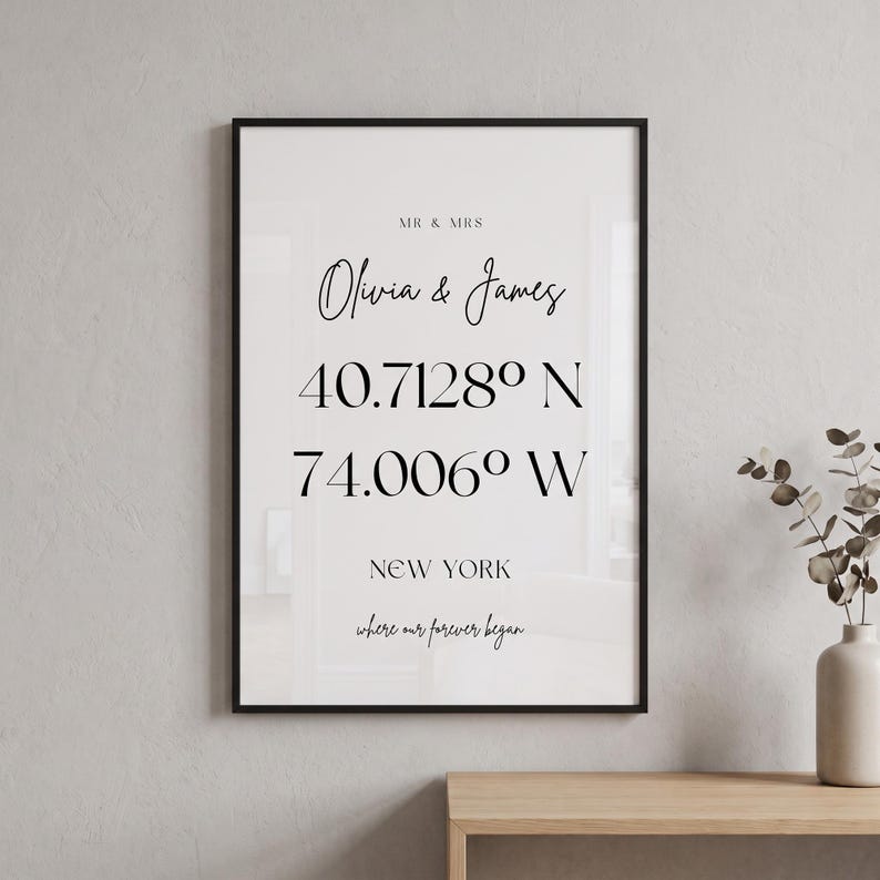 May include: A framed vertical wall art print with a white background and black text. The text reads MR & MRS, Olivia & James, 40.7128&deg; N, 74.006&deg; W, NEW YORK, and where our forever began. The print is enclosed in a thin black frame.