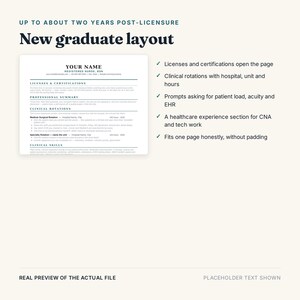 Op de afbeelding: Een cv-sjabloon voor pas afgestudeerde verpleegkundigen met secties voor licenties, certificeringen, professionele samenvatting, klinische rotaties en klinische vaardigheden met tijdelijke aanduidingen voor contactgegevens.