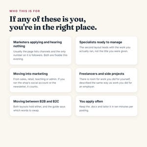 May include: A white informational graphic with dark text titled Who this is for and If any of these is you, you're in the right place. It features six white rectangular boxes containing text for marketers, specialists, freelancers, and job applicants.