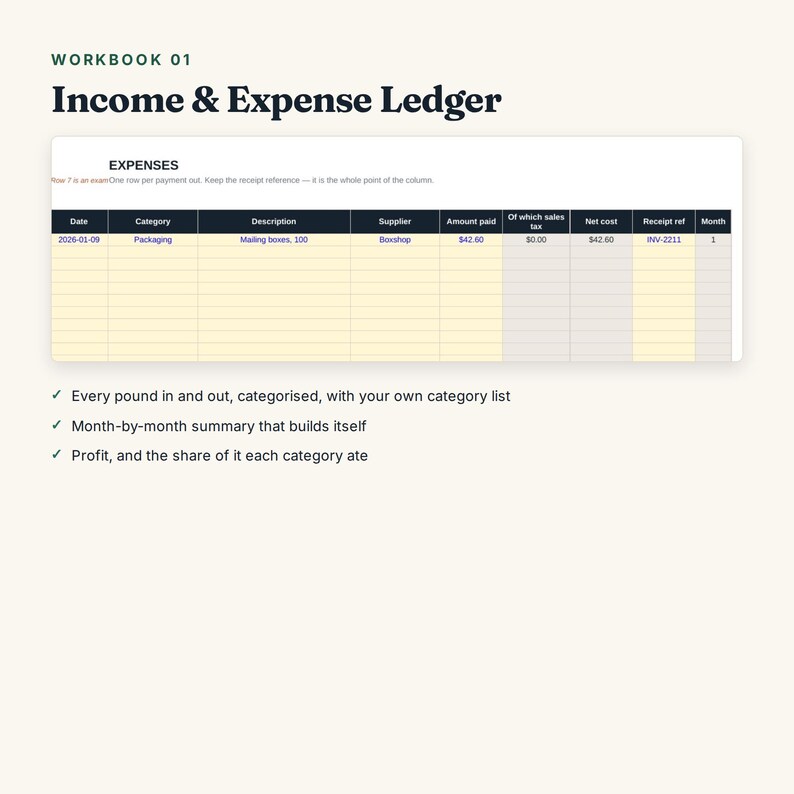 Pu&ograve; includere: Un registro di entrate e uscite con una tabella di foglio di calcolo per tracciare le spese. Le colonne includono Data, Categoria, Descrizione, Fornitore, Importo pagato, Imposta, Costo netto, Rif ricevuta e Mese. Testo include Workbook 01.