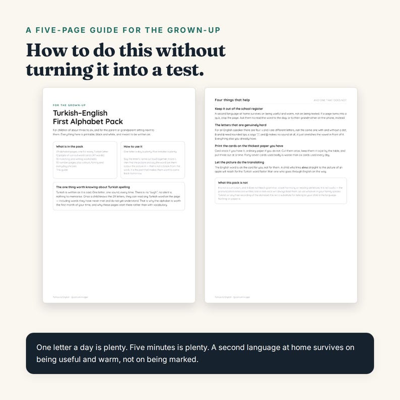 K&ouml;nnte beinhalten: Ein zweiseitiger p&auml;dagogischer Leitfaden mit dem Titel A Five-Page Guide for the Grown-Up: How to do this without turning it into a test. Das Dokument zeigt schwarzen Text auf wei&szlig;em Papier und beschreibt ein T&uuml;rkisch-Englisch-Alphabet-Paket.