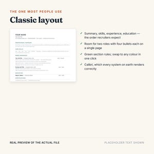 May include: A digital resume template titled Classic layout featuring a clean white document with black text sections for name, summary, skills, work experience, education, and certifications. The layout includes green horizontal lines and bullet points.