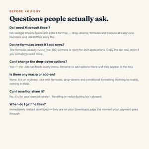 May include: An informational document titled BEFORE YOU BUY Questions people actually ask. It provides answers regarding Microsoft Excel compatibility, formula functionality, drop-down customization, macros, resale policies, and file delivery timing.