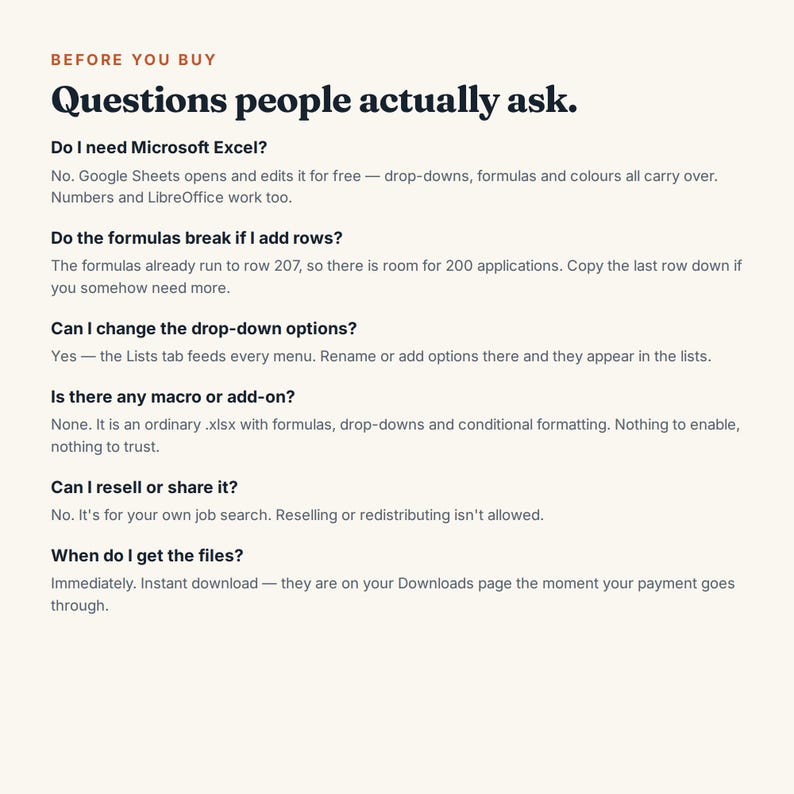 May include: An informational document titled BEFORE YOU BUY Questions people actually ask. It provides answers regarding Microsoft Excel compatibility, formula functionality, drop-down customization, macros, resale policies, and file delivery timing.