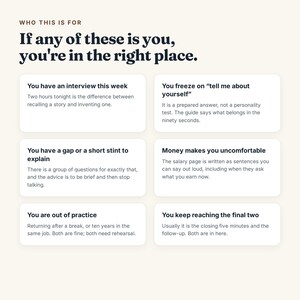 May include: A digital infographic with a cream background and dark text titled Who This Is For. It lists six scenarios for job seekers, including having an interview, explaining employment gaps, and salary discussions, each within a white box.