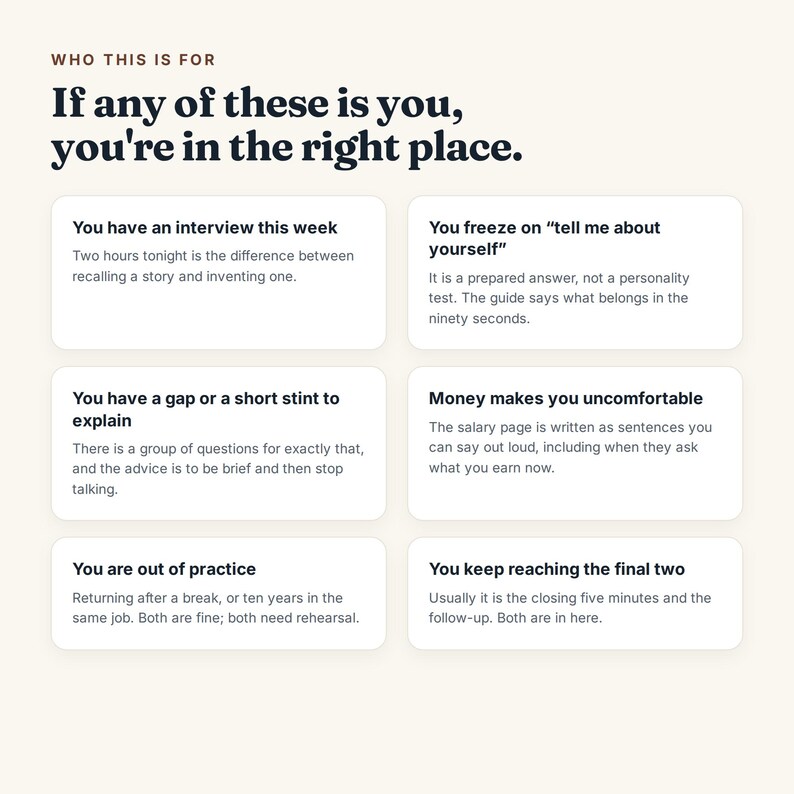May include: A digital infographic with a cream background and dark text titled Who This Is For. It lists six scenarios for job seekers, including having an interview, explaining employment gaps, and salary discussions, each within a white box.