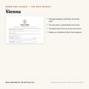 May include: A resume template titled Sienna featuring a circular profile photo placeholder centered above the name. The layout includes Georgia headings, Arial body text, and terracotta horizontal rules. Text includes Professional Summary, Core Skills, and Work Experience sections with placeholder content.