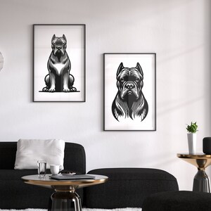 May include: Two black and white illustrations of a Cane Corso dog breed. One image shows the dog sitting, the other shows the dog's head and shoulders.