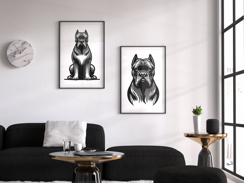 May include: Two black and white illustrations of a Cane Corso dog breed. One image shows the dog sitting, the other shows the dog's head and shoulders.