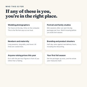 May include: A white informational graphic with dark blue text titled Who this is for. It lists six categories including wedding photographers, portrait studios, newborn and maternity, branding shooters, those raising prices, and first full seasons.