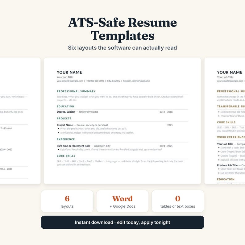 May include: A digital collection of six ATS-Safe Resume Templates featuring clean white layouts with black text. The design includes sections for professional summary, education, projects, and experience. Includes Word and Google Docs compatibility.