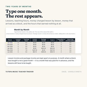 K&ouml;nnte beinhalten: Eine digitale Tabellenvorlage f&uuml;r Tutoren und Musiklehrer mit dem Titel Two Years of Months. Sie enth&auml;lt eine Month by Month-Tabelle mit Spalten f&uuml;r erteilte Lektionen, Unterrichtsstunden, Lektionseinkommen, Paketeinkommen und Gesamtsummen.
