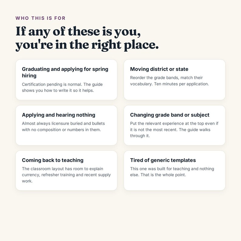 May include: A light-colored informational graphic with dark text titled Who this is for. It lists six categories for teachers: Graduating and applying, Moving district, Applying and hearing nothing, Changing grade band, Coming back to teaching, and Tired of generic templates, each with a brief explanation of how a guide assists with these specific career situations.