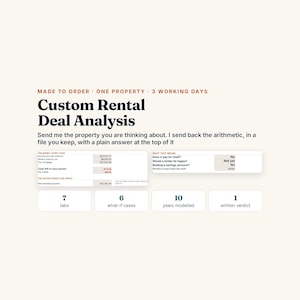 Peut inclure: Un service num&eacute;rique pour une analyse personnalis&eacute;e de transaction locative avec le texte : Made to order, one property, 3 working days. Le graphique affiche des tableaux de donn&eacute;es financi&egrave;res, incluant revenus, pr&ecirc;ts et flux de tr&eacute;sorerie, avec 7 onglets, 6 sc&eacute;narios, 10 ans mod&eacute;lis&eacute;s et 1 verdict &eacute;crit.