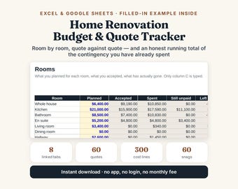 Home Renovation Budget Tracker, Excel Spreadsheet Template, Contractor Quote Comparison, House Remodel Cost Planner