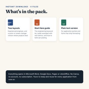 May include: A digital download pack containing four files. It includes two DOCX layouts for engineers, a PDF Start Here guide with keyword lists and metrics, and a TXT plain text version. Files are compatible with Microsoft Word, Google Docs, Pages, and LibreOffice.