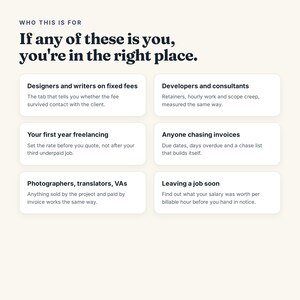 May include: A graphic with the heading WHO THIS IS FOR and the text If any of these is you, you're in the right place. Below are six white rectangular boxes containing text for designers, writers, developers, consultants, freelancers, and others.