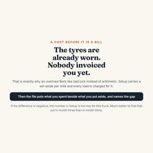 May include: A graphic with a cream background featuring black and orange text. The text reads: A COST BEFORE IT IS A BILL. The tyres are already worn. Nobody invoiced you yet. That is exactly why an overhaul feels like bad luck instead of arithmetic. Setup carries a set-aside per mile and every load is charged for it. Then the file puts what you spent beside what you put aside, and names the gap. If the difference is negative, the number in Setup is too low for this truck. Much better to find that out in month three than in month thirty.