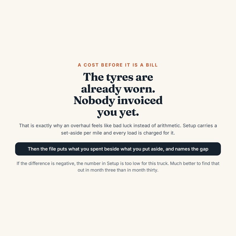 May include: A graphic with a cream background featuring black and orange text. The text reads: A COST BEFORE IT IS A BILL. The tyres are already worn. Nobody invoiced you yet. That is exactly why an overhaul feels like bad luck instead of arithmetic. Setup carries a set-aside per mile and every load is charged for it. Then the file puts what you spent beside what you put aside, and names the gap. If the difference is negative, the number in Setup is too low for this truck. Much better to find that out in month three than in month thirty.
