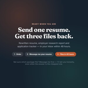 May include: A dark gradient graphic with white text reading: READY WHEN YOU ARE, Send one resume. Get three files back. Rewritten resume, employer research report and application tracker &mdash; in your inbox within 48 hours. Buttons: 1. Order, 2. Message me your resume, 3. Files in 48 hours. Text: Not sure which package fits? Message me first &mdash; I'll tell you honestly, even when the answer is the cheapest one.