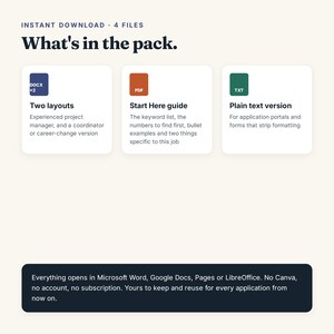 May include: A digital download pack containing four files. It includes two DOCX layouts for project managers and coordinators, a PDF Start Here guide with keyword lists and bullet examples, and a TXT plain text version for application portals.