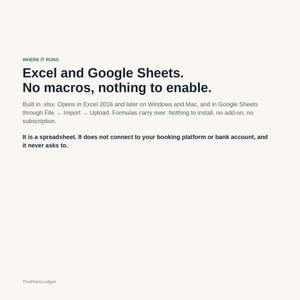 Peut inclure: Un graphique d'information num&eacute;rique avec le texte : WHERE IT RUNS. Excel and Google Sheets. No macros, nothing to enable. Built in .xlsx. Opens in Excel 2016 and later on Windows and Mac. No install, no add-on, no subscription. ThePlainLedger.