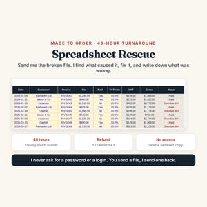 May include: A digital service advertisement titled Spreadsheet Rescue. It features a table with columns for Date, Customer, Invoice, Net, Paid, VAT rate, VAT, Gross, and Status. Text includes Made to Order, 48-hour turnaround, and refund policy.