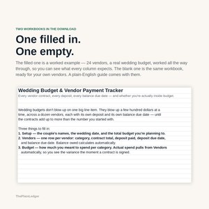 K&ouml;nnte beinhalten: Ein digitaler Download mit zwei Arbeitsmappen, eine ausgef&uuml;llt und eine leer, zur Nachverfolgung von Hochzeitsbudgets und Anbieterzahlungen. Der Text enth&auml;lt Anweisungen f&uuml;r die Einrichtung, Anbieterdetails und die Budgetverwaltung unter dem Titel Wedding Budget & Vendor Payment Tracker.