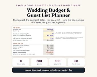 Wedding Budget Guest List Planner, Excel Google Sheets Template (Digital Download)