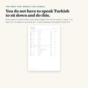 K&ouml;nnte beinhalten: Ein wei&szlig;es Lehrdokument mit dem Titel The 29 letters, das eine Tabelle mit t&uuml;rkischen Buchstaben, deren Namen, Aussprachehinweisen und englischen Beispielen enth&auml;lt. Der Text &uuml;ber der Tabelle lautet: You do not have to speak Turkish to sit down and do this.