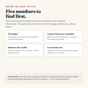 May include: A digital document page titled Before you open the file, Five numbers to find first. It lists four key metrics: The budget, Cost per lead or per acquisition, Audience, list or traffic, and A conversion rate, plus a fifth point below.
