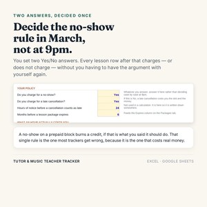 K&ouml;nnte beinhalten: Ein digitaler Tracker f&uuml;r Tutoren und Musiklehrer f&uuml;r Excel und Google Sheets. Die Benutzeroberfl&auml;che zeigt Richtlinieneinstellungen f&uuml;r Nichterscheinen und versp&auml;tete Stornierungen sowie Erkl&auml;rungen zur Verwaltung von Unterrichtsguthaben.