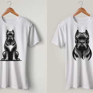 May include: Two white t-shirts with a black and white illustration of a Cane Corso dog. One shirt features the dog sitting, while the other shows the dog's head and shoulders.