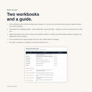Op de afbeelding: Twee werkmappen en een gids met een Variation & Extra Works Tracker-spreadsheet. De tekst bevat acht gekoppelde tabbladen, waaronder Start Here, Setup, Extra Works, Where It Leaked, By Who Asked, Whose Change, The Paperwork en Overview.