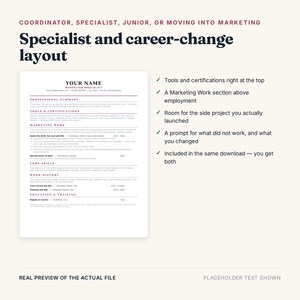 May include: A resume template titled Specialist and career-change layout featuring sections for professional summary, tools and certifications, marketing work, core skills, work history, and education. The document includes placeholder text.