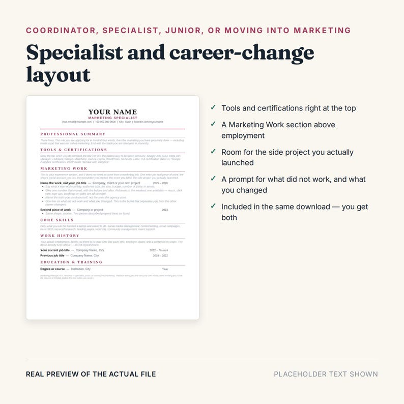 May include: A resume template titled Specialist and career-change layout featuring sections for professional summary, tools and certifications, marketing work, core skills, work history, and education. The document includes placeholder text.
