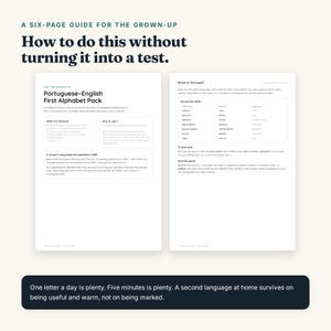 May include: A six-page Portuguese-English first alphabet pack guide for grown-ups. The document features black text on a white background, explaining how to use the pack, differences between Brazilian and European Portuguese, and language tips.