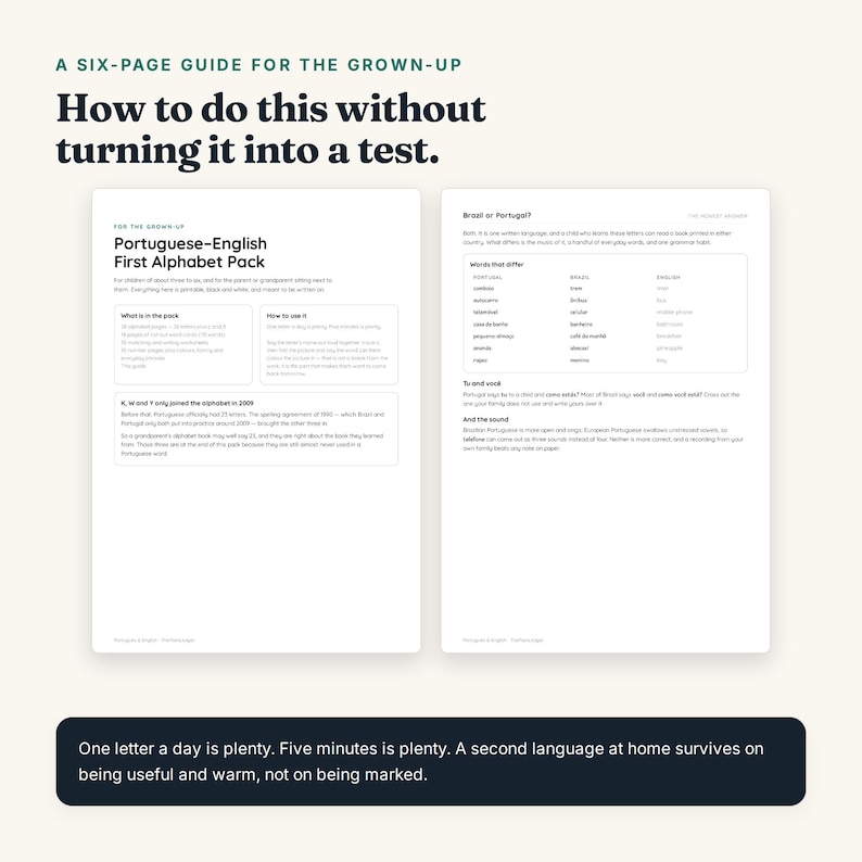 May include: A six-page Portuguese-English first alphabet pack guide for grown-ups. The document features black text on a white background, explaining how to use the pack, differences between Brazilian and European Portuguese, and language tips.