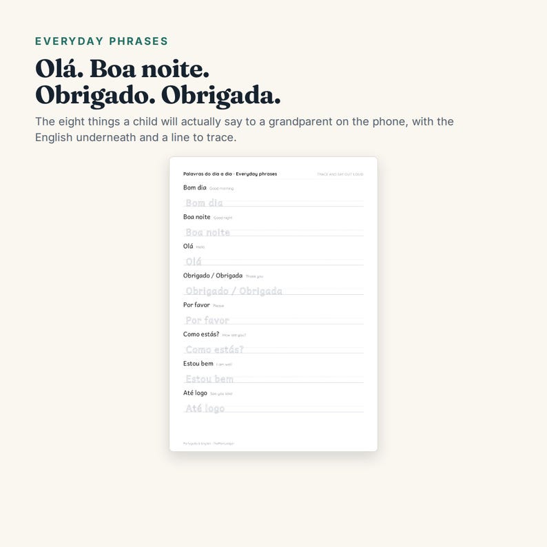 May include: A white educational worksheet titled Everyday Phrases featuring eight Portuguese phrases with English translations and blank lines for tracing. The text includes Bom dia, Boa noite, Ol&aacute;, Obrigado, Obrigada, Por favor, Como est&aacute;s, Estou bem, and At&eacute; logo.