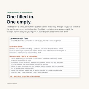 May include: A digital download containing two workbooks, one filled in and one empty, for 13-week cash flow forecasting. The text explains the purpose of the workbooks, including instructions for setup, customers, money in, money out, and forecasting.