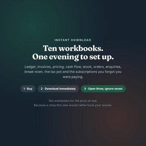 Pu&ograve; includere: Un grafico digitale con sfondo a gradiente verde scuro che presenta il testo bianco: Instant Download. Ten workbooks. One evening to set up. Ledger, invoices, pricing, cash flow, stock, orders, enquiries, break-even, the tax pot and the subscriptions you forgot you were paying. 1. Buy, 2. Download immediately, 3. Open three, ignore seven. Ten workbooks for the price of one. Because a shop this new would rather have your review.