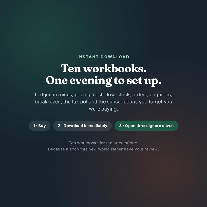 Pu&ograve; includere: Un grafico digitale con sfondo a gradiente verde scuro che presenta il testo bianco: Instant Download. Ten workbooks. One evening to set up. Ledger, invoices, pricing, cash flow, stock, orders, enquiries, break-even, the tax pot and the subscriptions you forgot you were paying. 1. Buy, 2. Download immediately, 3. Open three, ignore seven. Ten workbooks for the price of one. Because a shop this new would rather have your review.