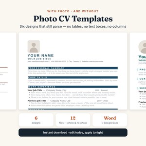 May include: A digital collection of six Photo CV Templates featuring a clean layout with sections for professional summary, core skills, work experience, and education. The design includes placeholders for a photo, name, job title, and contact details.