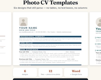 Photo CV Templates | 6 Editable Word, Google Docs Designs (Instant Download)
