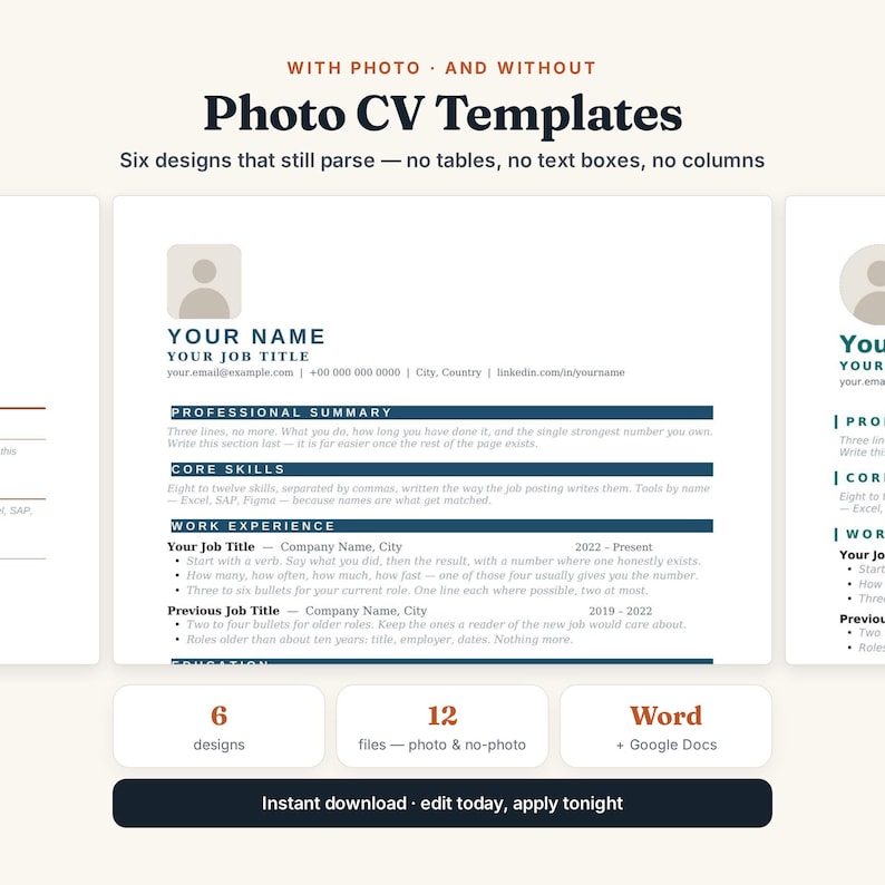May include: A digital collection of six Photo CV Templates featuring a clean layout with sections for professional summary, core skills, work experience, and education. The design includes placeholders for a photo, name, job title, and contact details.