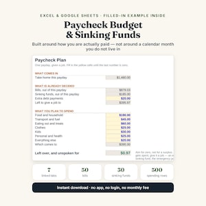 Pu&ograve; includere: Un modello di foglio di calcolo digitale per il budget per Excel e Google Sheets intitolato Paycheck Budget & Sinking Funds. Include una tabella Paycheck Plan con categorie per entrate, bollette, debiti e spese, oltre a quattro riquadri di riepilogo per schede, bollette, fondi e righe.