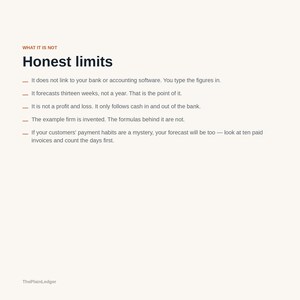 May include: A white informational document titled Honest limits with the subtitle WHAT IT IS NOT. It lists five bullet points explaining that it does not link to bank software, forecasts thirteen weeks, tracks cash flow, uses invented data, and advises analysing payment habits.