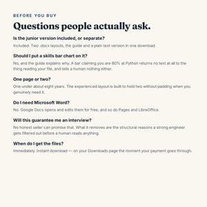 May include: A light-colored informational document titled BEFORE YOU BUY Questions people actually ask. It provides answers regarding file formats, skills bar charts, page length, software compatibility, interview guarantees, and instant download access.